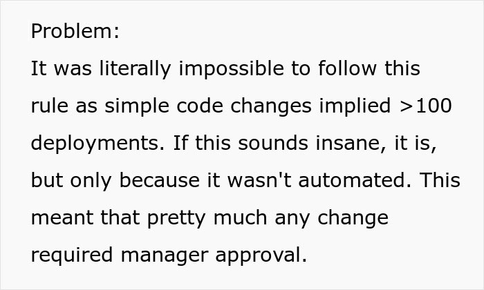 Text explaining the problem of unworkable deployment rule causing over 100 manual approvals and forcing policy rethink. Text explaining the problem of unworkable deployment rule causing over 100 manual approvals and forcing policy rethink.