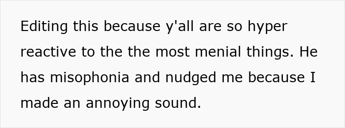 Text on white background about misophonia explaining someone was nudged for making an annoying sound related to hating yawning. Text on white background about misophonia explaining someone was nudged for making an annoying sound related to hating yawning.