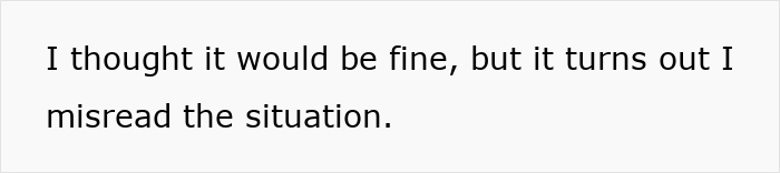 Text on plain white background stating a regretful reflection on misreading a family wedding situation involving a young mom.