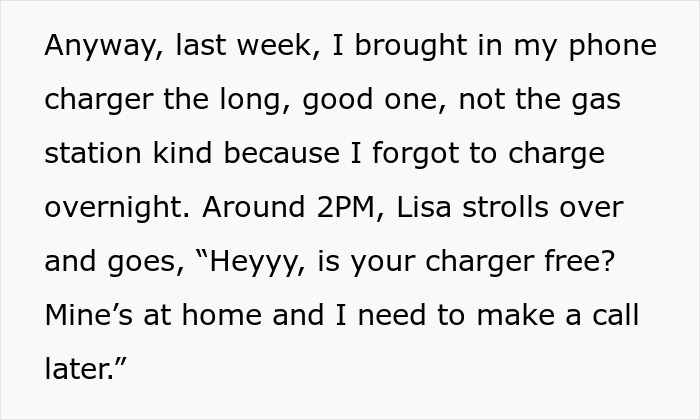 Text excerpt about a coworker known for not returning stuff who throws a tantrum over a phone charger. Text excerpt about a coworker known for not returning stuff who throws a tantrum over a phone charger.