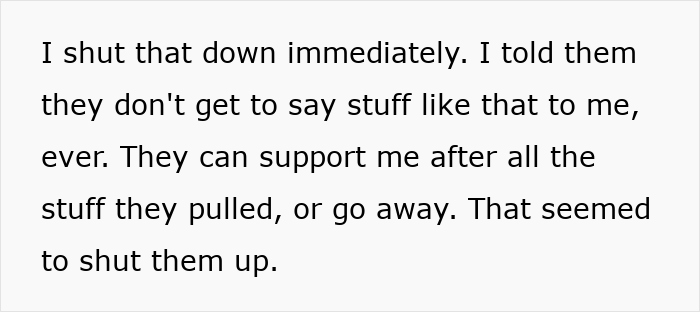 Text excerpt showing a woman shutting down her parents after they criticize her older partner during a family dinner. Text excerpt showing a woman shutting down her parents after they criticize her older partner during a family dinner.