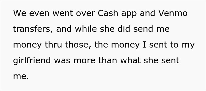 Text excerpt about Cash app and Venmo transfers in a man concerned late girlfriend's mom might sue him for 100K. Text excerpt about Cash app and Venmo transfers in a man concerned late girlfriend's mom might sue him for 100K.
