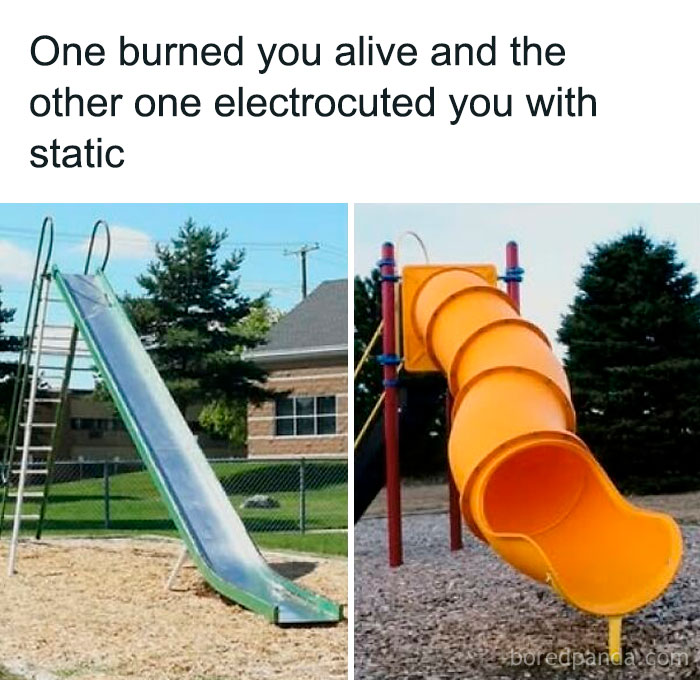 Side-by-side images of a metal slide and a yellow tube slide with text about nostalgic playground experiences.