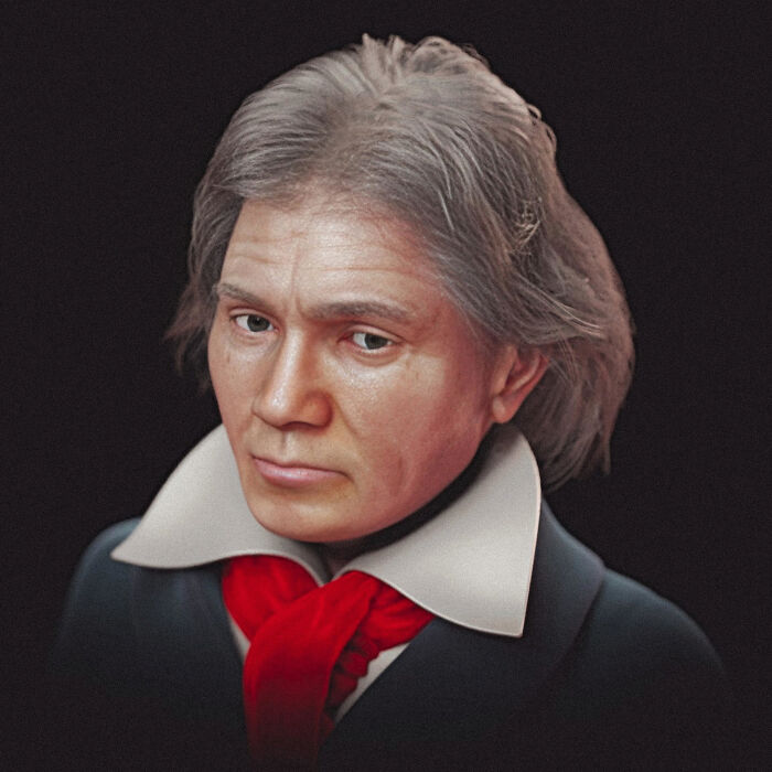 Realistic facial reconstruction of Beethoven created using skull scans and historical portraits by a scientist.