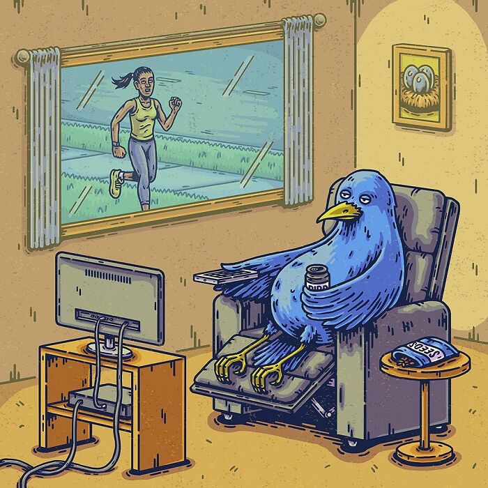 Surreal comic scene of a bird lounging with a drink inside while a woman jogs outside, blending absurd everyday scenes.