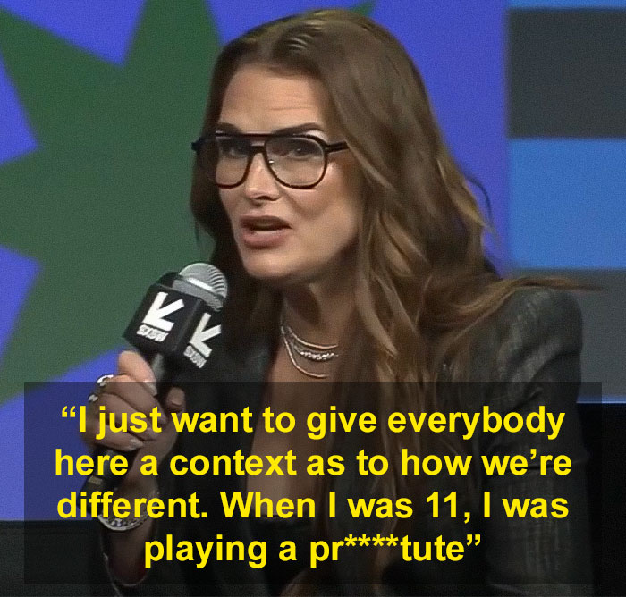Brooke Shields speaking at an event with microphone, discussing Meghan Markle in a podcast interview. Brooke Shields speaking at an event with microphone, discussing Meghan Markle in a podcast interview.