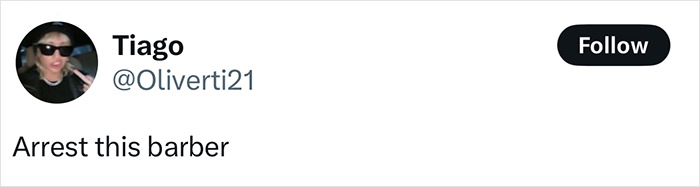 Tweet text saying Arrest this barber, related to viral homeless man’s makeover and potential model controversy. Tweet text saying Arrest this barber, related to viral homeless man’s makeover and potential model controversy.