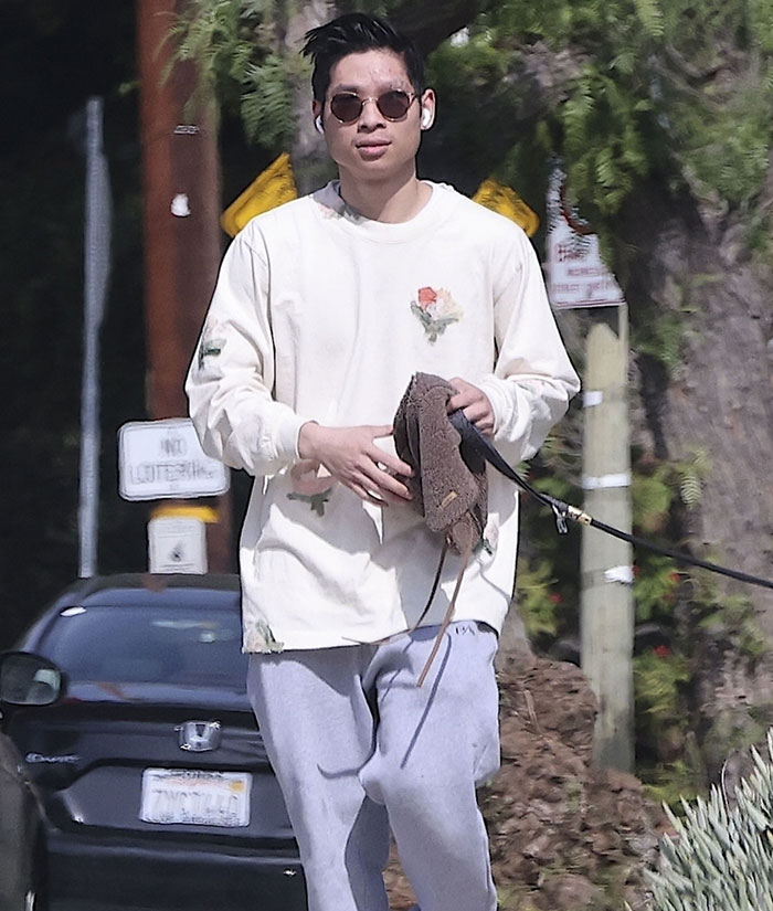 Young man walking outdoors holding a leash, relating to Brad Pitt cutting off all contact with sons after damaging post. Young man walking outdoors holding a leash, relating to Brad Pitt cutting off all contact with sons after damaging post.