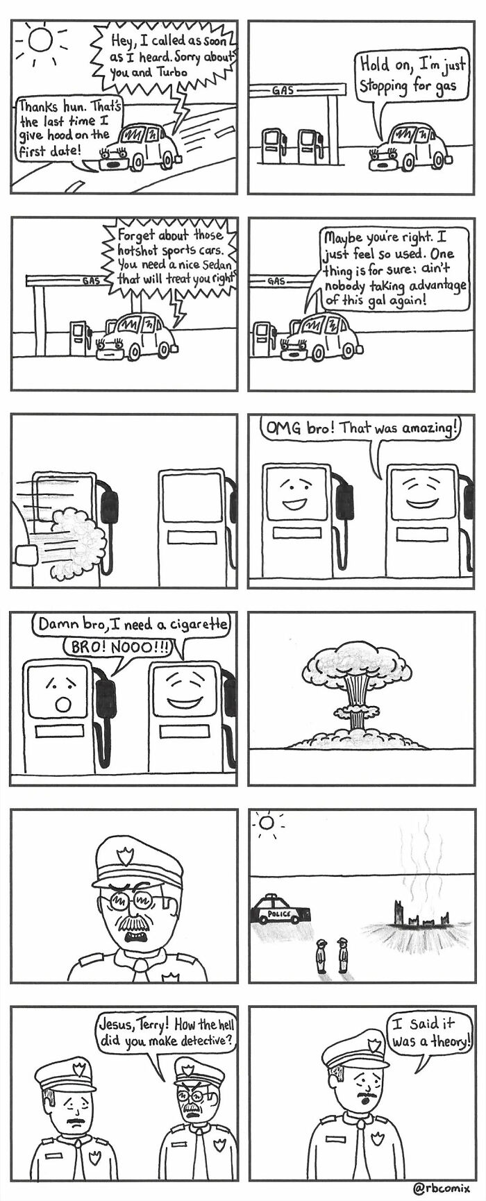 Black and white comic panels by Rustedboot Comics featuring dark humor with talking cars and police officers in a gas station setting.