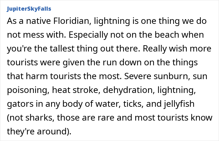 Comment discussing dangers tourists face near water including lightning, jellyfish, and alligators, related to honeymoon tragedy SEO keywords. Comment discussing dangers tourists face near water including lightning, jellyfish, and alligators, related to honeymoon tragedy SEO keywords.