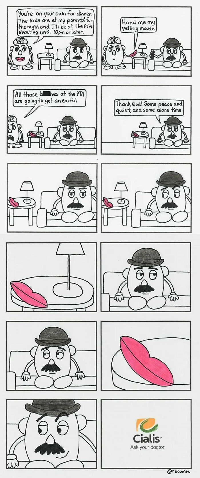 Comic strip by Rustedboot Comics featuring a man alone with dark humor and a humorous twist involving lips on a table.