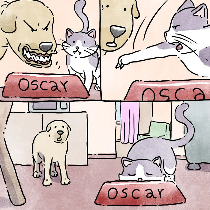 Wordless comic panels showing heartfelt moments of life with a dog and cat around a bowl labeled Oscar.