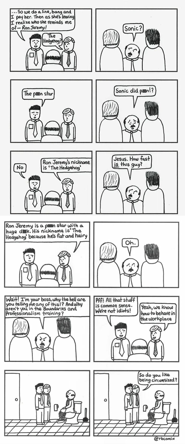 Black and white Rustedboot comic strip featuring dark humor about misunderstandings and workplace talk.