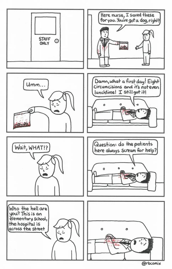 Black and white comic by Rustedboot Comics featuring dark humor with a nurse and a confused man in a school setting.