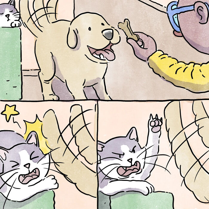 Illustration showing heartfelt life with a dog and cat in six new wordless comics by the artist.