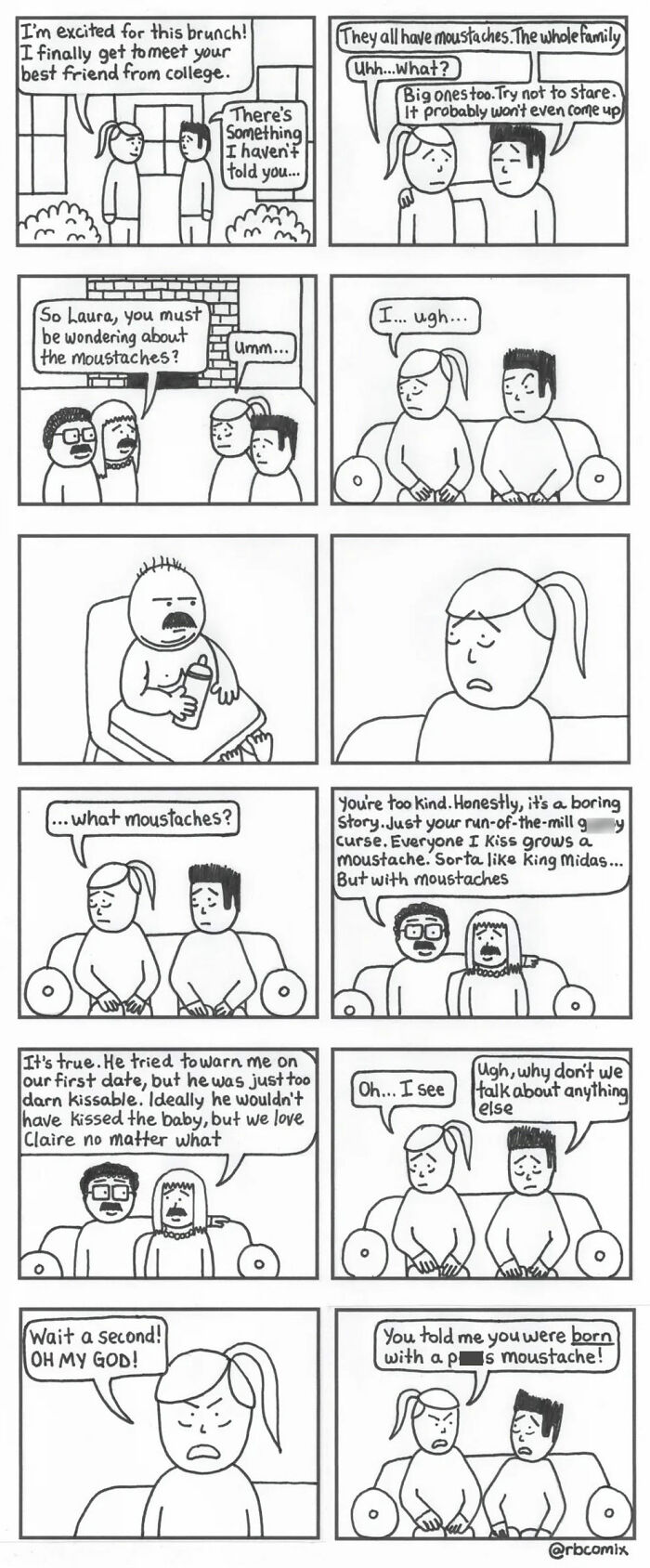 Black and white comic strip about a family curse involving moustaches, illustrating dark humor by Rustedboot Comics.