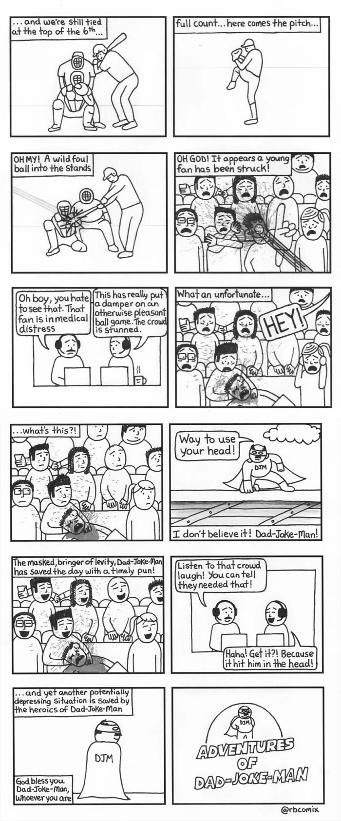 Comic strip by Rustedboot Comics featuring dark humor with a baseball accident and Dad-Joke-Man saving the day.