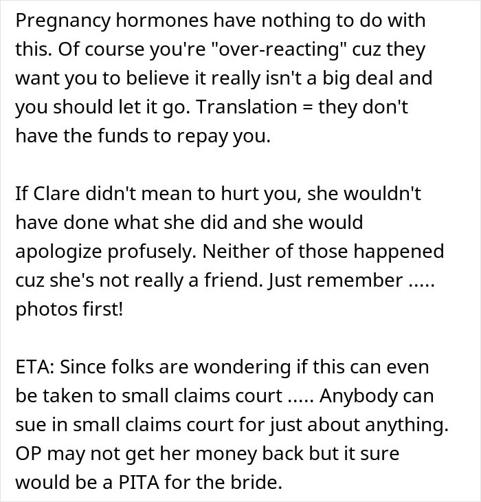 Alt text: Text discussing maid of honor excluded due to pregnancy weight demanding repayment and addressing related legal concerns. Alt text: Text discussing maid of honor excluded due to pregnancy weight demanding repayment and addressing related legal concerns.
