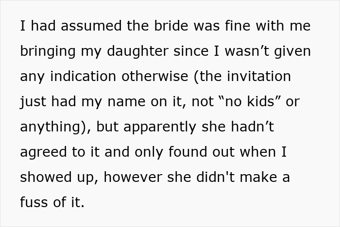 Text excerpt discussing a young mom bringing her kid to a wedding and causing family tension over the bride’s legacy.