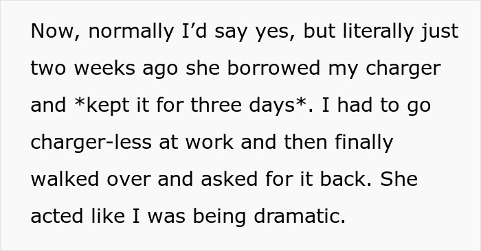 Text describing a coworker famous for not returning stuff throwing a tantrum over a simple charger while another remains unbothered. Text describing a coworker famous for not returning stuff throwing a tantrum over a simple charger while another remains unbothered.