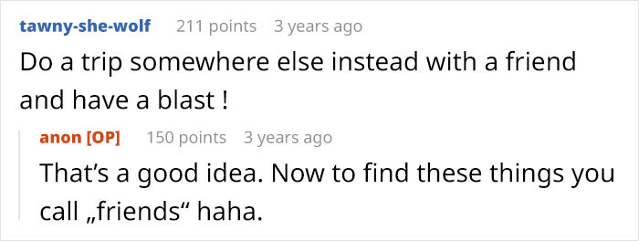 Screenshot of an online discussion about a woman realizing she’s invited to a family holiday only to babysit. Screenshot of an online discussion about a woman realizing she’s invited to a family holiday only to babysit.