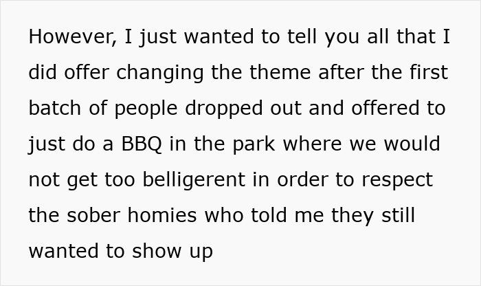 Text about longtime friends planning a ghost friend birthday BBQ in the park while respecting sober friends.