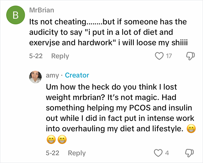 Screenshot of a social media exchange discussing weight loss using Ozempic and lifestyle changes for PCOS and insulin management. Screenshot of a social media exchange discussing weight loss using Ozempic and lifestyle changes for PCOS and insulin management.