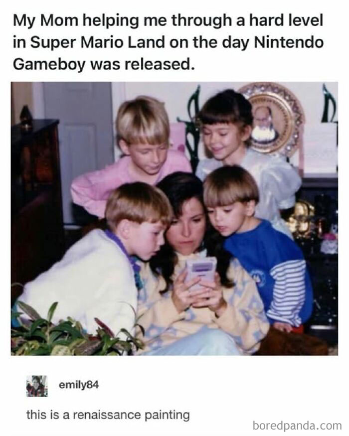 Mom helping kids play Super Mario Land on Nintendo Gameboy, capturing a nostalgic moment from the good old days.