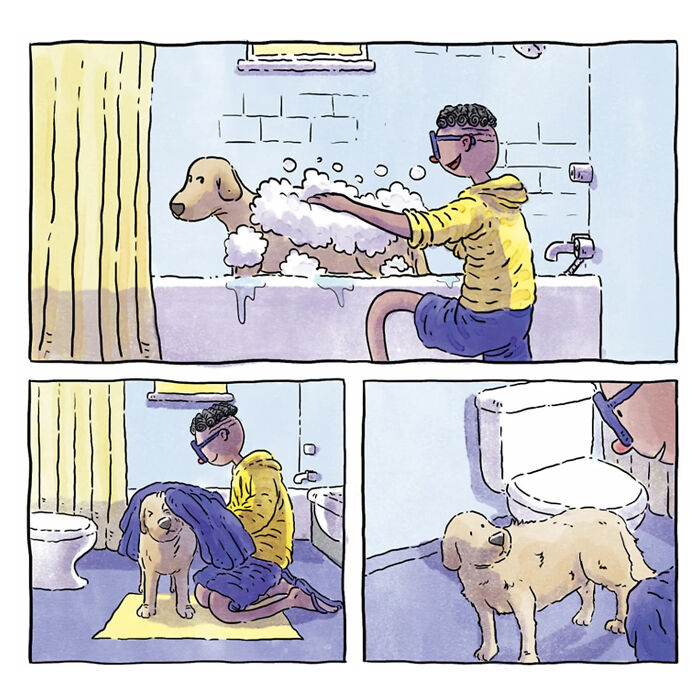Artist washing and drying a dog in a heartfelt wordless comic about life with a dog and a cat.
