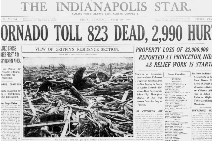 Historic newspaper page showing tornado devastation with 695 lives lost in the deadliest US tornado disaster. Historic newspaper page showing tornado devastation with 695 lives lost in the deadliest US tornado disaster.