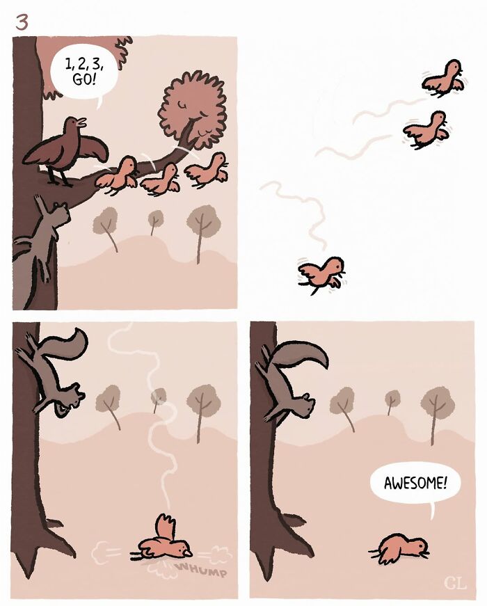 Comic panels from Ruby and Mo showing birds learning to fly and a squirrel cheering, illustrating love loss and healing themes.