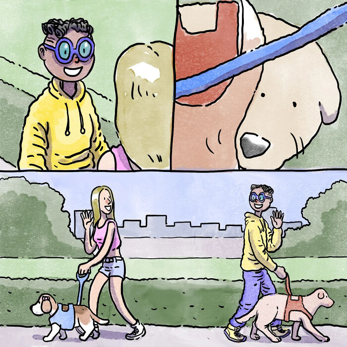 Illustration of life with a dog and a cat showing a person walking a dog and a guide dog with another person.