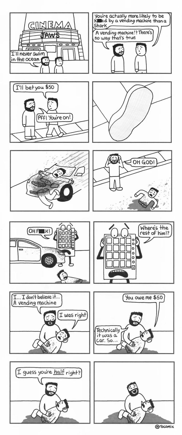 Comic strip by Rustedboot Comics showing dark humor about a vending machine accident and a $50 bet.