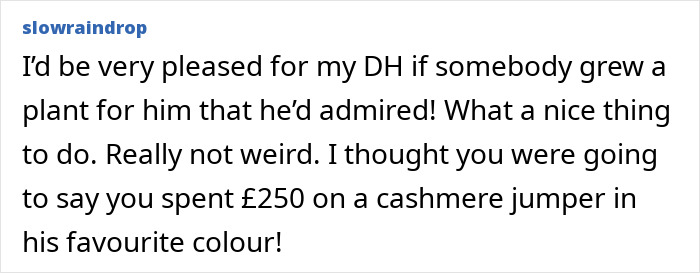 Comment expressing appreciation for gifting a plant to a male colleague as a thoughtful and unique present.