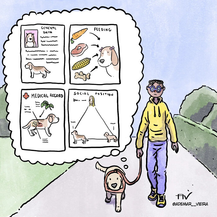Person walking a dog while imagining dog’s general data, feeding, medical record, and social position in a heartfelt comic style
