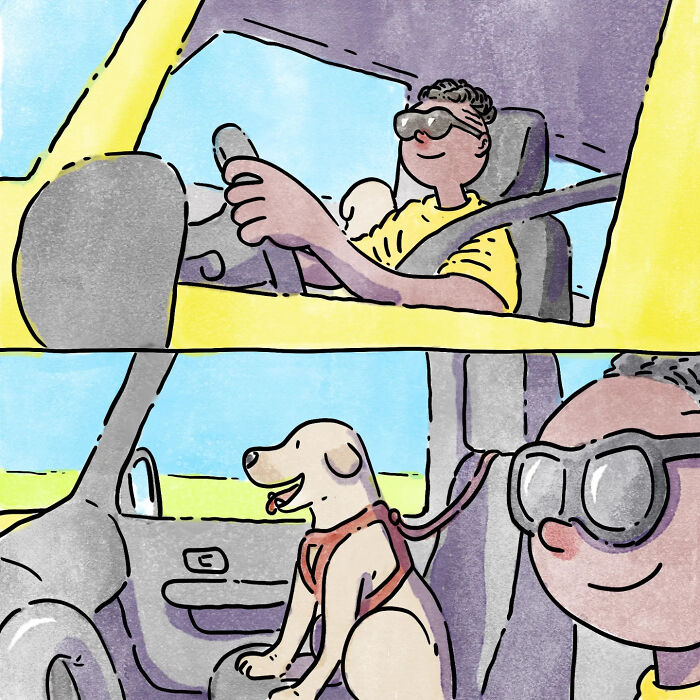 Illustration of a person and their dog in a car, part of heartfelt wordless comics about life with a dog and a cat.
