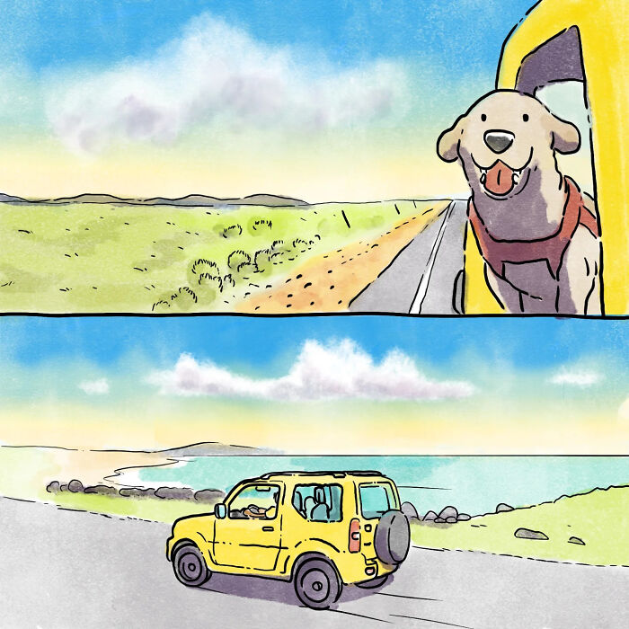 Illustration of a happy dog looking out car window and a yellow car driving along the coast in a heartfelt wordless comic.