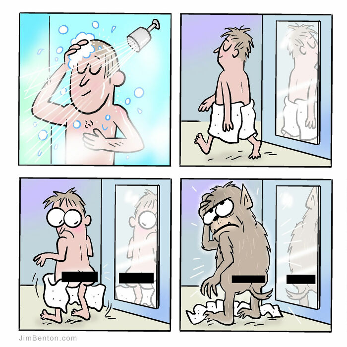 Man showering and transforming into a werewolf in a comic strip with unexpected twists by Jim Benton.