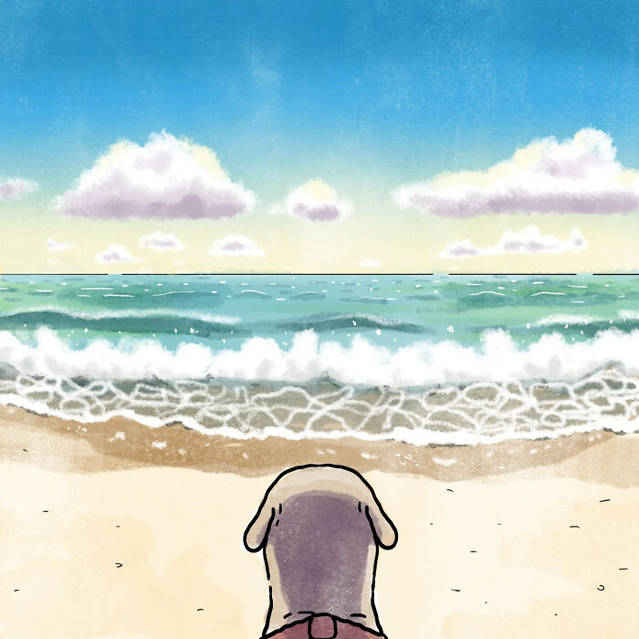 Dog sitting on a beach facing the ocean in a heartfelt wordless comic about life with a dog and a cat.