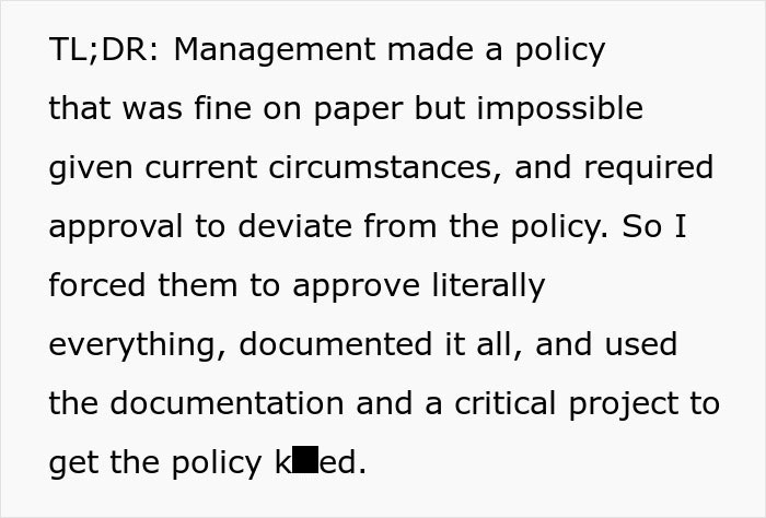 Screenshot of a text explaining an employee follows unworkable deployment rule to the letter, forcing management to rethink policy. Screenshot of a text explaining an employee follows unworkable deployment rule to the letter, forcing management to rethink policy.