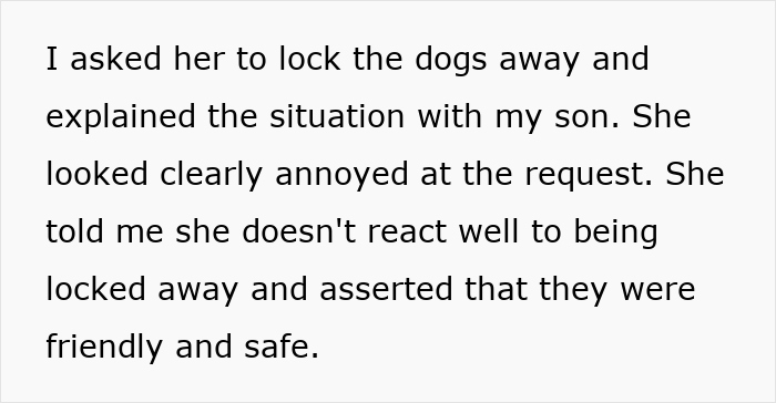 Text showing a mom annoyed when asked to keep the dogs locked away during her kid’s birthday for safety reasons.