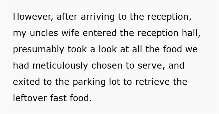 Text describing a rude aunt disrupting a bride's elegant wedding by bringing fast-food wrappers and grease. Text describing a rude aunt disrupting a bride's elegant wedding by bringing fast-food wrappers and grease.