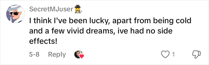 User comment about Mounjaro side effects, stating no side effects experienced except cold and vivid dreams. User comment about Mounjaro side effects, stating no side effects experienced except cold and vivid dreams.