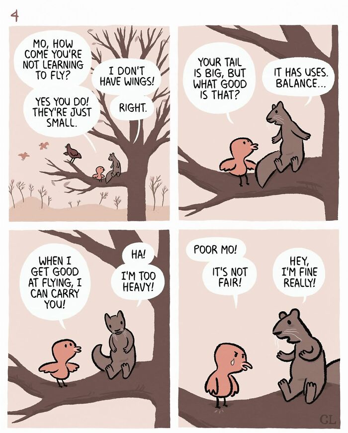 Comic panels from Ruby and Mo showing a touching conversation about love, loss, and healing on a tree branch.