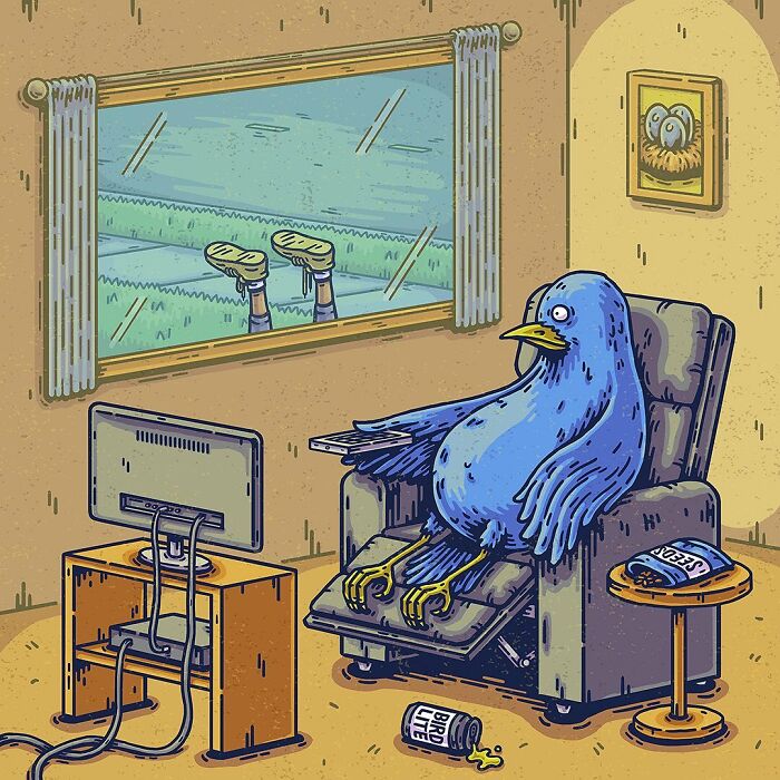 Surreal comic scene showing a blue bird lounging in a chair while a person’s legs stick out of a window outside.