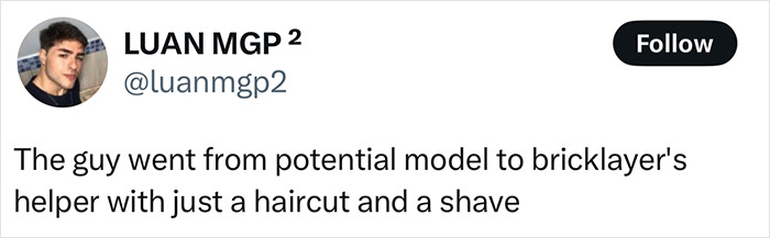 Tweet about a homeless man’s makeover gone wrong, sparking viral reactions over potential model downgrade. Tweet about a homeless man’s makeover gone wrong, sparking viral reactions over potential model downgrade.