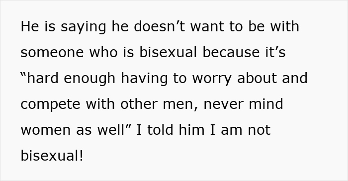 Text excerpt discussing a boyfriend insecure about bisexuality amid past kiss with female friend, sparking disbelief.