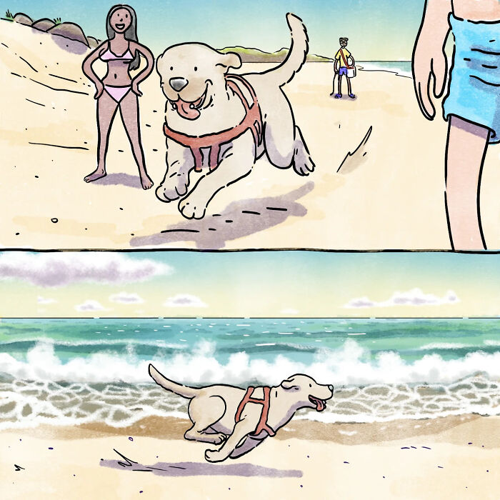 Illustration of a joyful dog running on the beach, capturing heartfelt life with a dog and a cat in wordless comics.