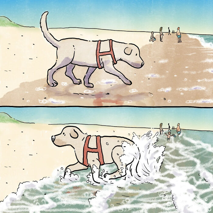 Illustration from heartfelt wordless comics showing a dog playing on the beach in life with a dog and cat.