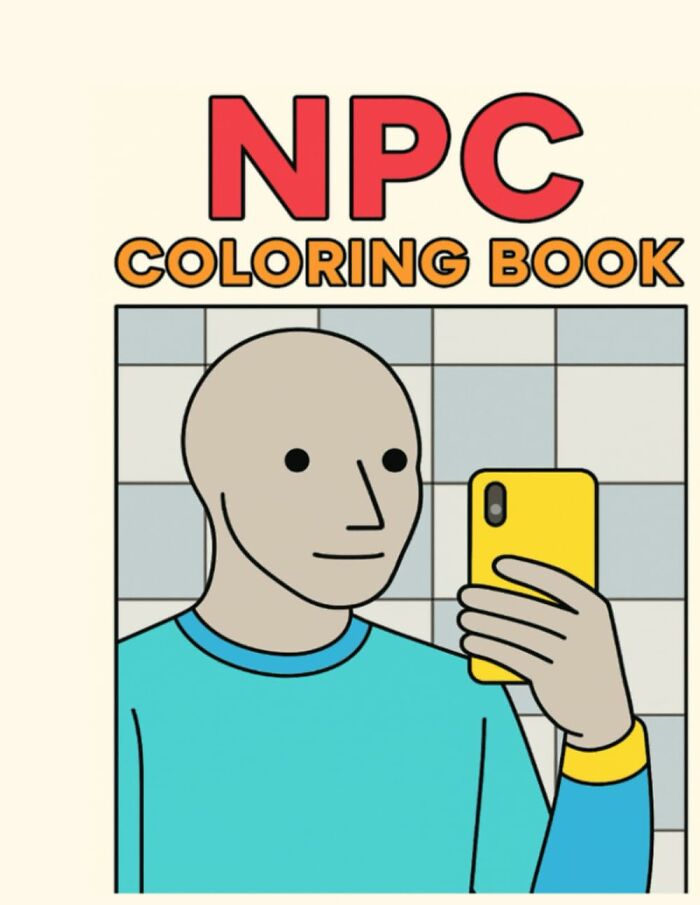 NPC character holding a yellow phone from a coloring book, reflecting the trend of crafting kits and internet creativity.